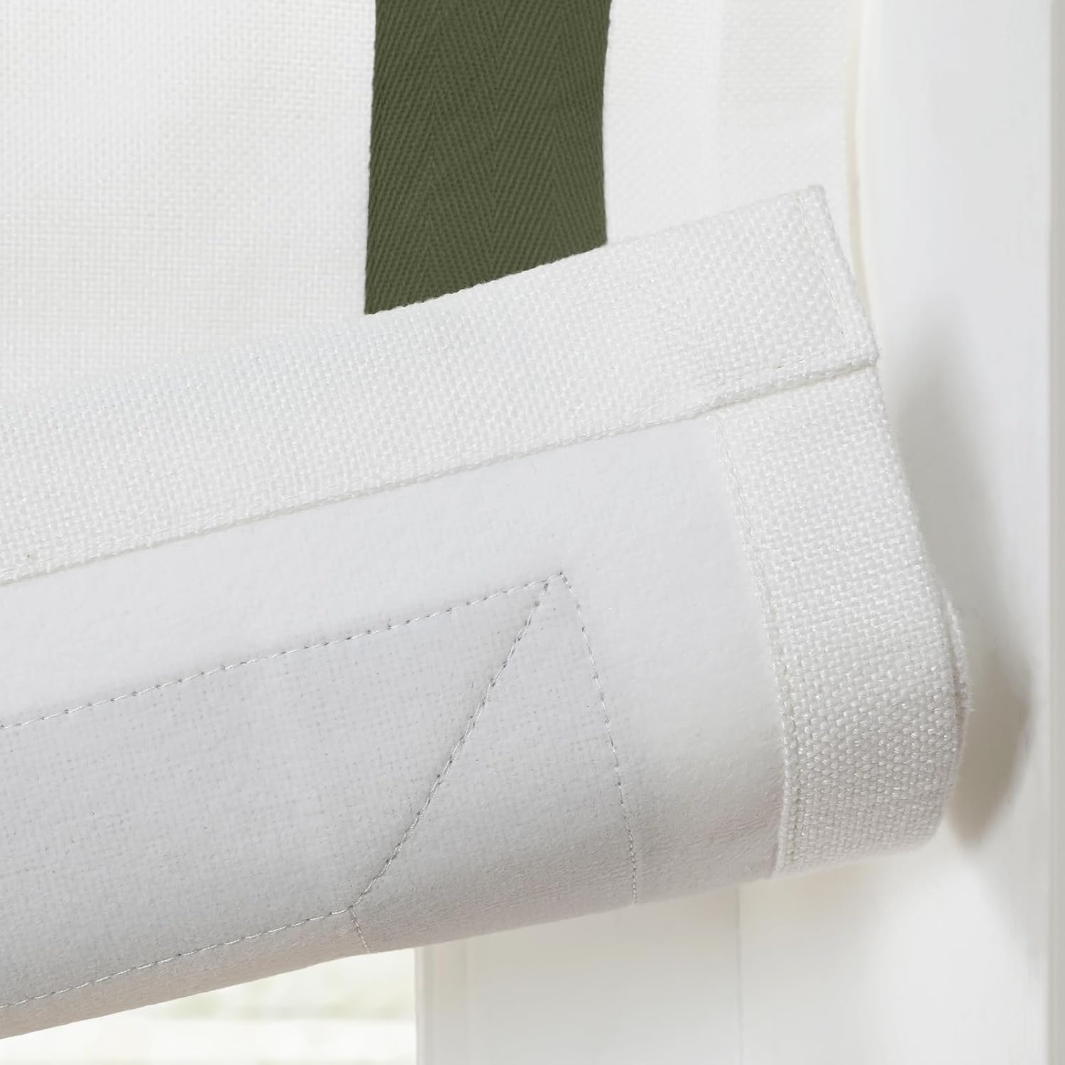 TWOPAGES Cordless White Roman Shades with Valance, Army Green Ribbon Border Roman Blinds for Windows, Custom Made Light Filtering Blinds Washable Fabric Shades for French Door, 1 Piece