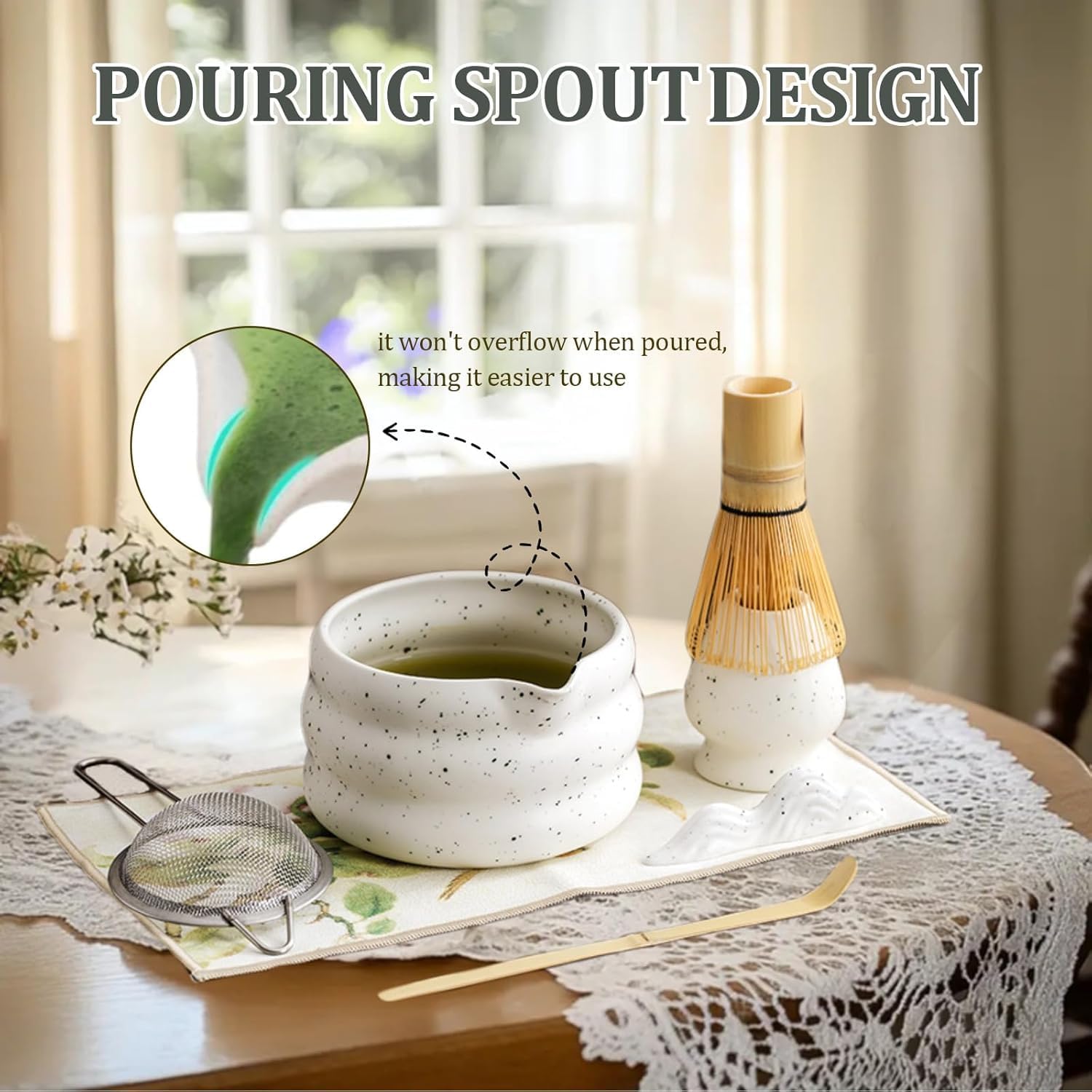 泡立て器セット、日本茶セット5点には、注ぎ口付き抹茶ボウル(19オンス)、竹製抹茶泡立て器と抹茶スクープ、抹茶泡立て器、ステンレスス