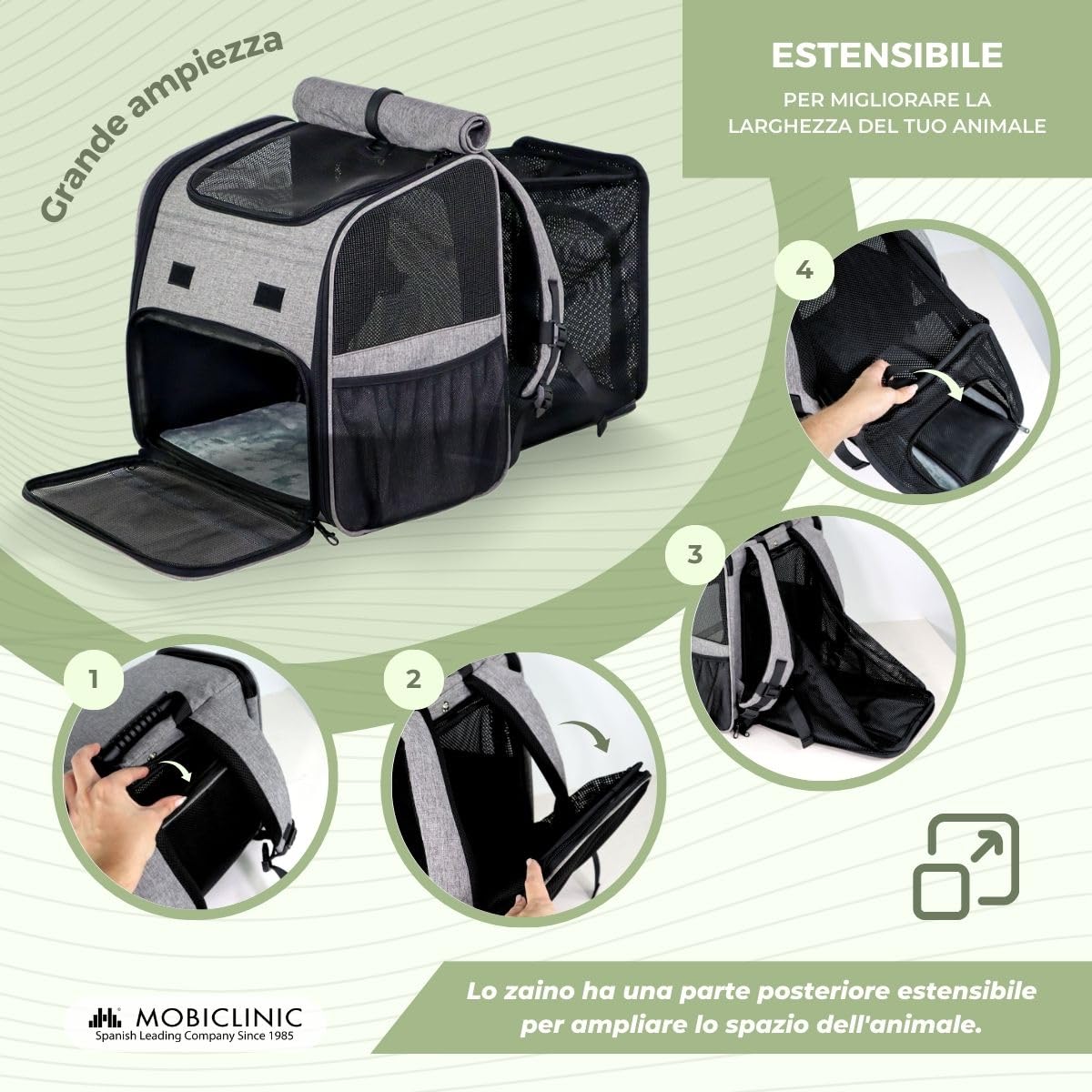 Mobiclinic® Pets, Zaino per Animali Domestici, Tula, Pieghevole, Ventilazione, Tasche, Include mangiatoia e Sacchetti, Accesso Multiplo, 37x29x37,5 cm, Trasportino per Cani e Gatti
