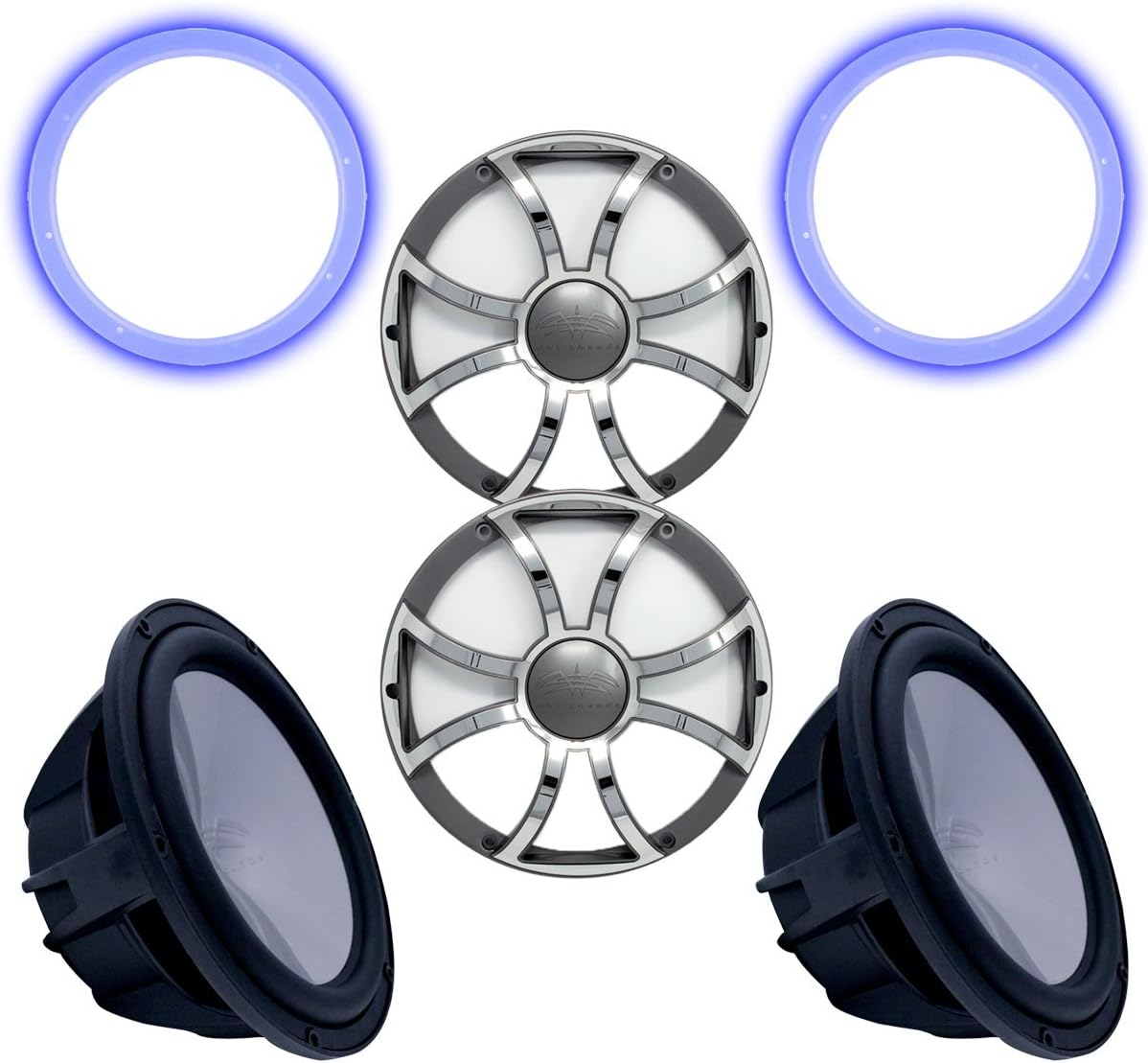 Wet Sounds Two Revo 12" Subwoofers, Grills, & RGB LED Rings - Black Subwoofers & Gunmetal Steel Grills - 4 Ohm
