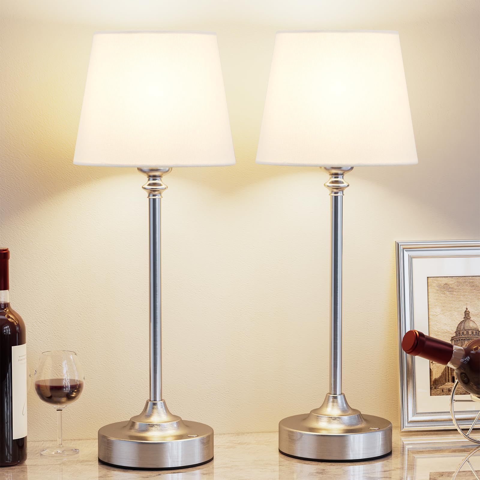 Kakanuo Cordless Table Lamps Rechargeable Set - 2 Pack Silver 4000mAH Battery Operated Lamps for Decor, 3000K Stepless Dimming Touch Wireless Lamp for