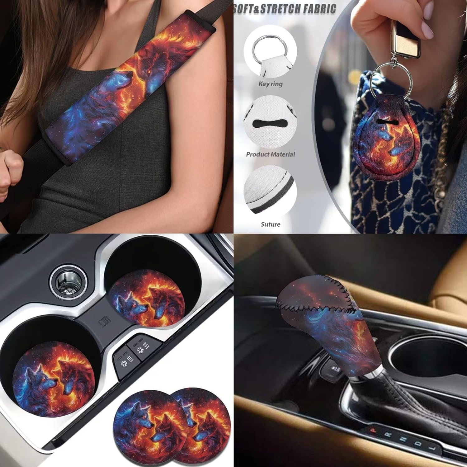 Animal Wolf Car Seat Covers Full Set for Men Auto Interior Accessories Neon Couple Wolf Print Seat Cover Set for Cars Steering Wheel Cover, Car Pads Armrest Pad Cover Set of 14