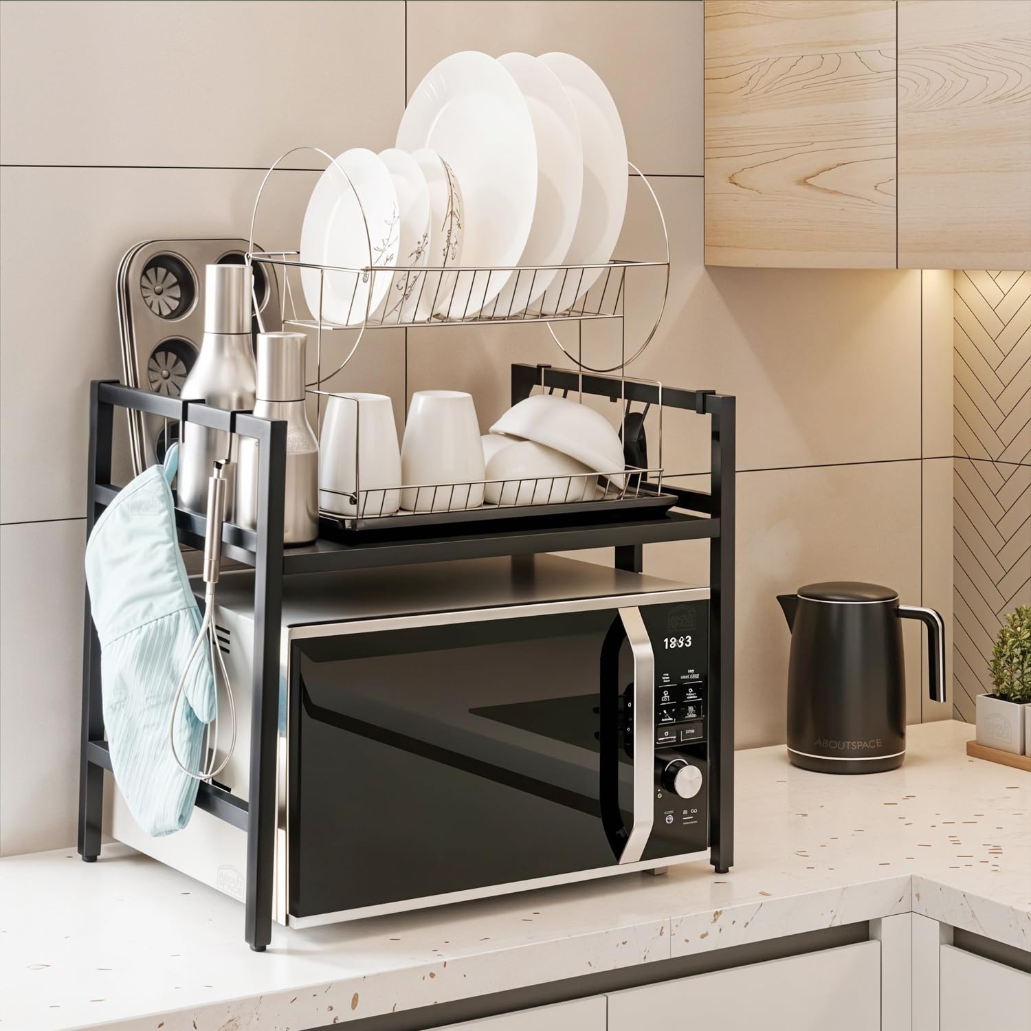 About Space Kitchen Storage Rack-Expandable & Height Adjustable Microwave Stand Hooks-Oven Stand For Kitchen Platform-Otg Stand-Countertop Oven Rack Black-65X36.5X46 Cm-It Is Made Up Of Rust-Free Iron