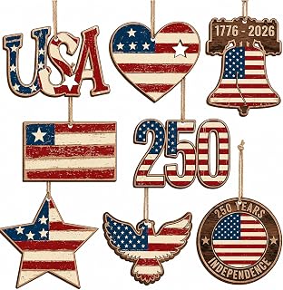 8-Pack 250th Anniversary Patriotic Ornaments, Double-Sided Wooden Tree Hangings for 4th of July & Memorial Day, Reusable Keepsake Decor for Patriotism & Holiday Displays