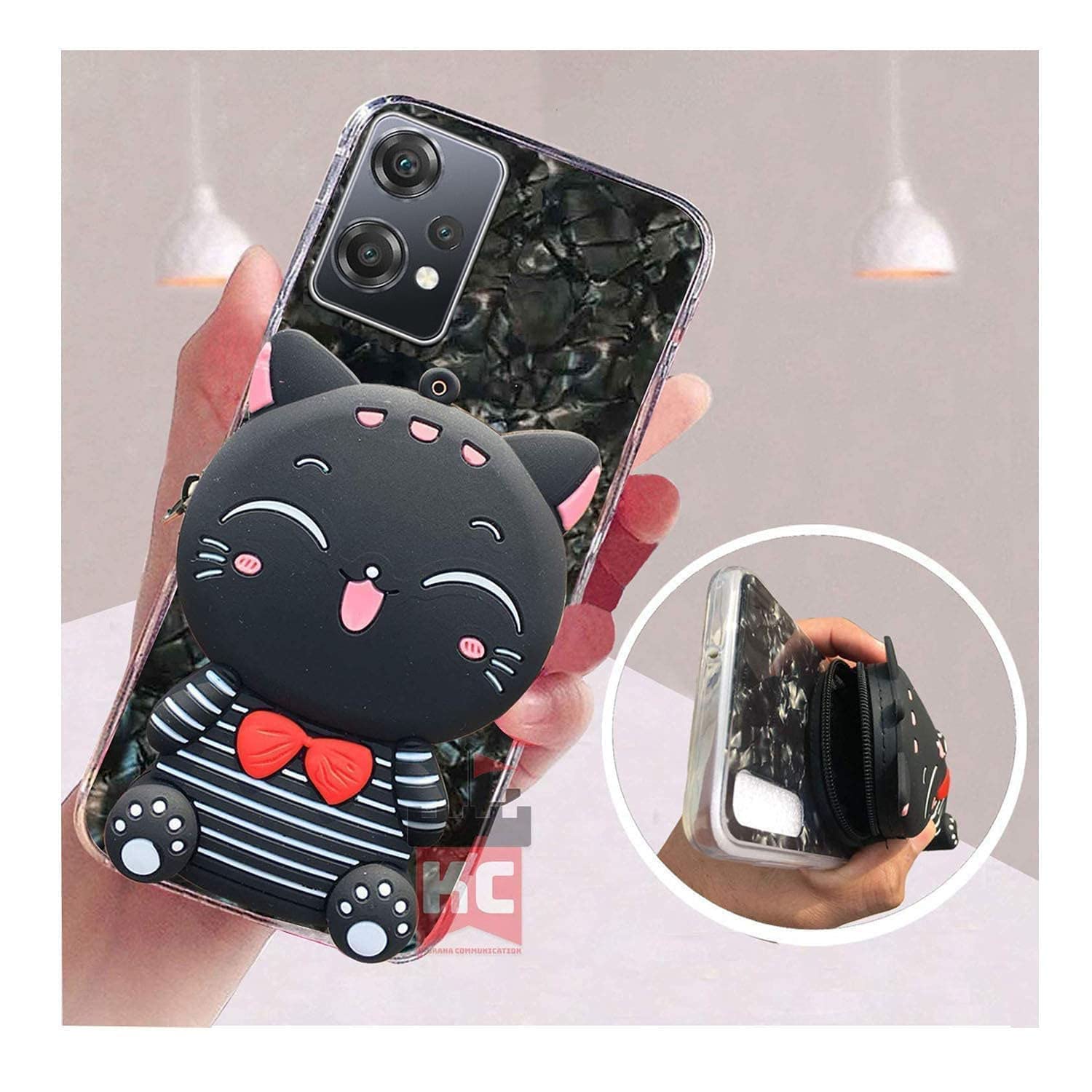 KC Back Cover for Oneplus Nord CE 2 Lite 5G, Cute Cartoon Lucky Cat Stripe Kitten with Purse Soft Bumper Silicone Shockproof Case (Black)