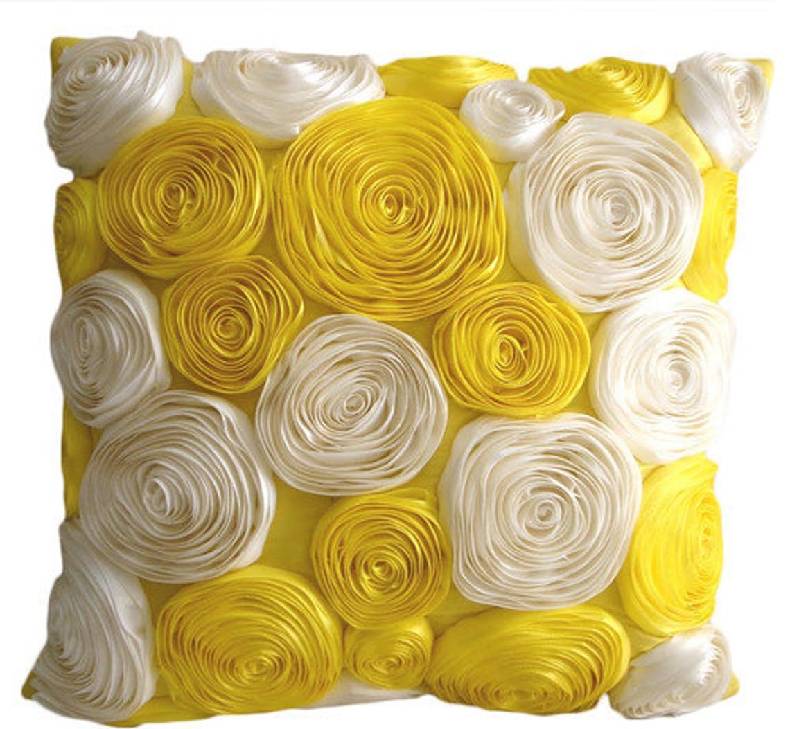 The HomeCentric Yellow Pack of 2, 45x45 cm (18"x18") Throw Cushion Covers, Silk Square Throw Cushion Covers, Satin Ribbon Yellow Rose Flowers Cushions Cover Contemporary Floral - Sunny Yellow Blooms โ image 1