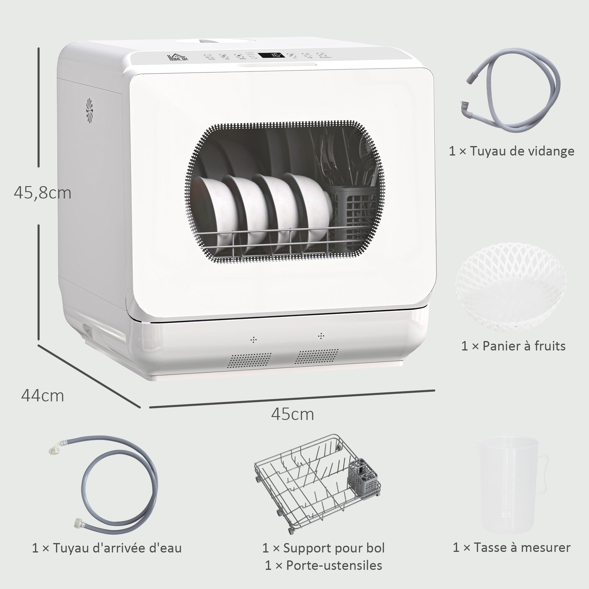 HOMCOM Mini lave-vaisselle 4 couverts, lave-vaisselle de table 5 programmes, double alimentation en eau, lavage des fruits, réservoir d'eau 6L, commande tactile, départ différé, affichage LED, blanc