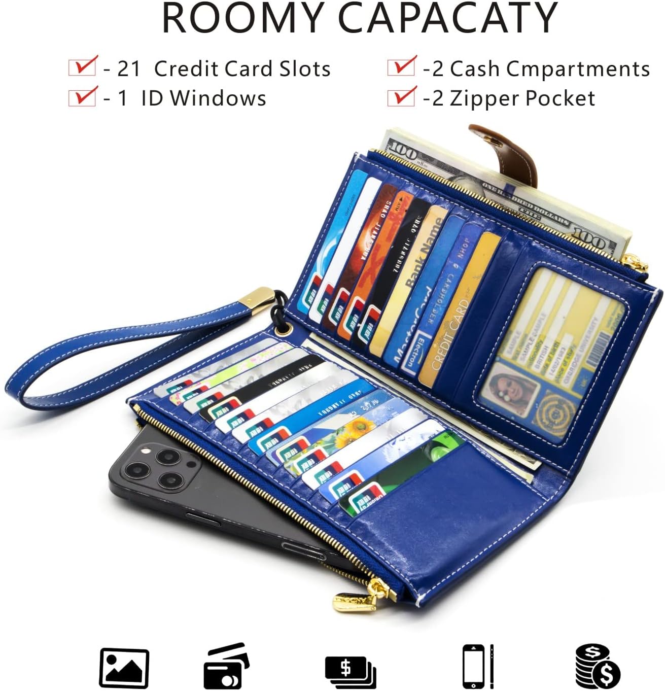 ANDOILT Wallet Women Men RFID Blocking Genuine Leather Bifold Multi Card Organizer Wristlet Purse with Zipper Pocket Cell Phone Handbag Blue