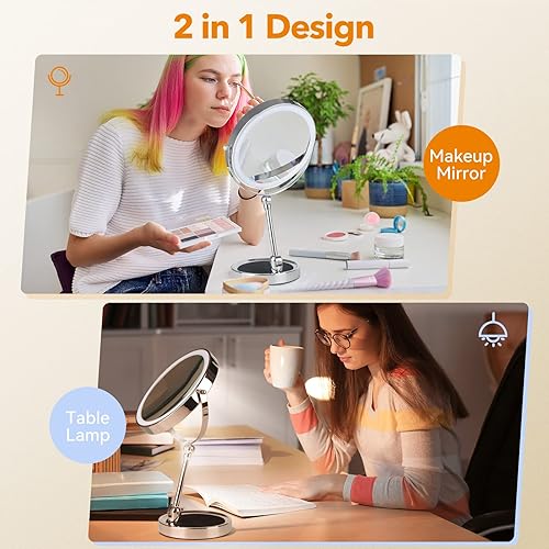 Miniatura 3 de Espejo de maquillaje de escritorio de altura ajustable con luz, 1x10x doble cara giratoria de 360 con aumento de 360 con base plegable y