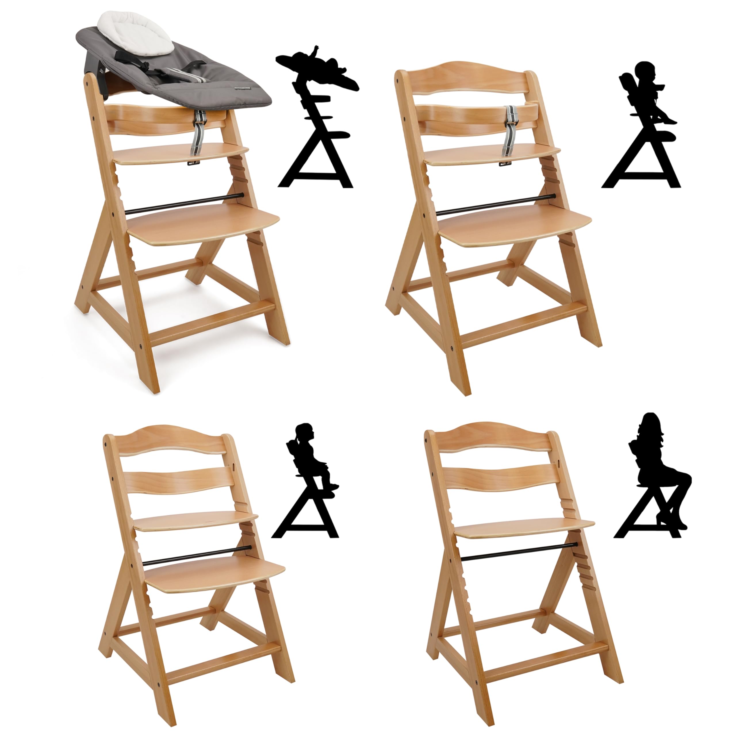 509 Crew Sun Wooden High Chair Grow Up Set from New Born Up to 90kg, Baby High Chair Include New Born Seat, Pillow Cushion, Color Natural Charcoal
