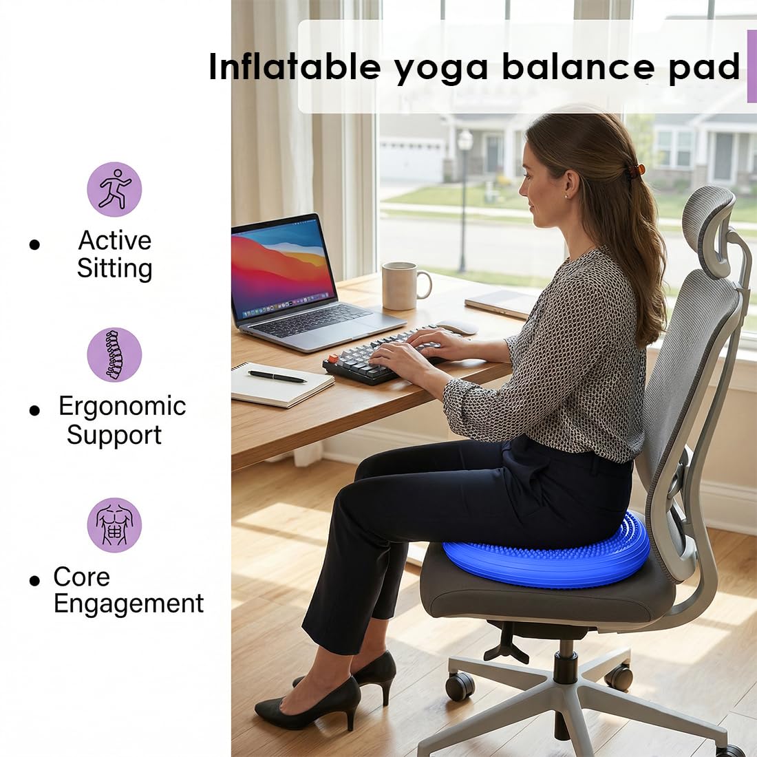 Balance Kissen Mit Pumpe, 34 cm Durchmesser, Ballsitzkissen, Balancekissen, Sitzkissen Orthopädisch, Luftkissen, für Core, Koordination, Fitness Rückentraining Pad