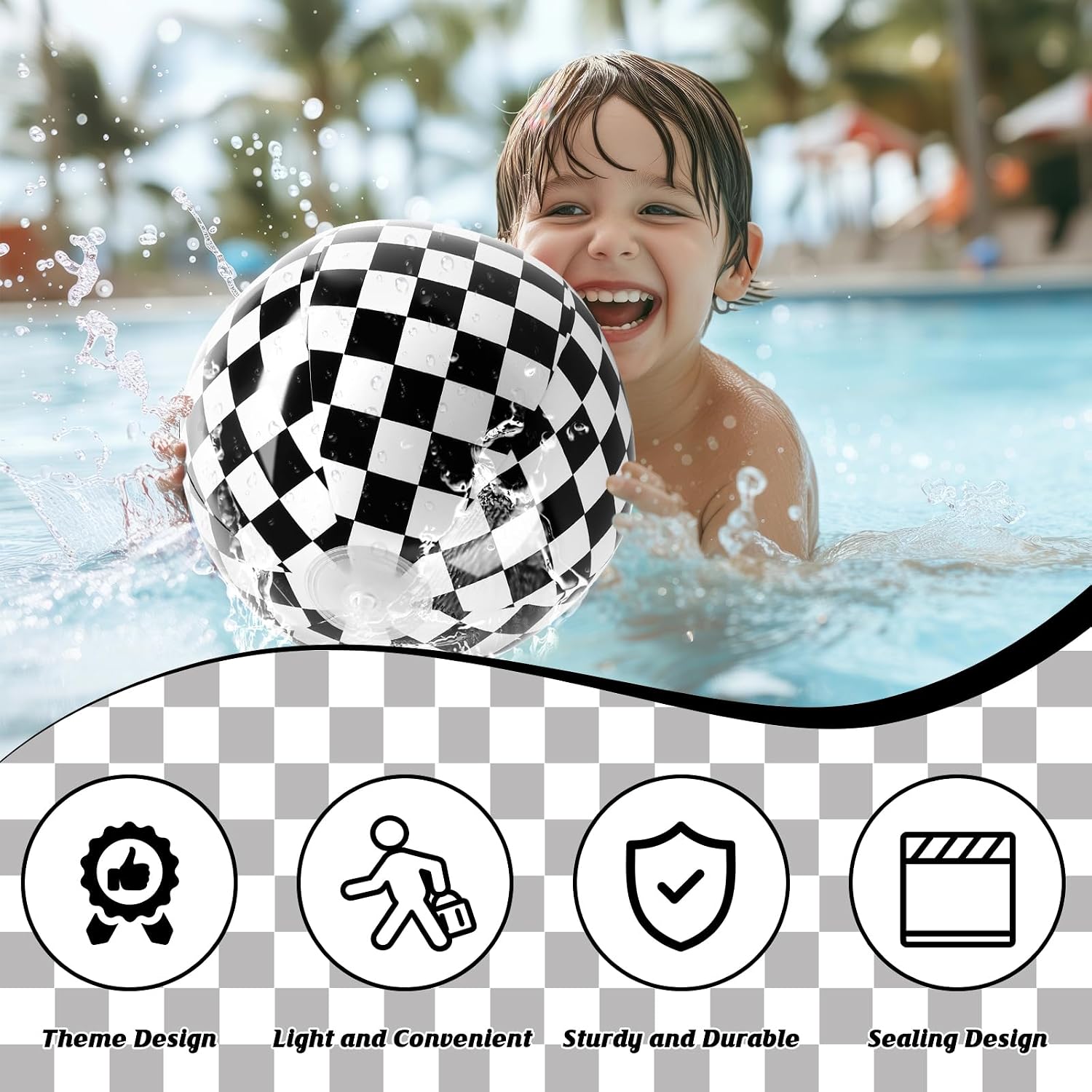 8PCS Race Car Checkered Flag Beach Ball Set – 12" Vibrant Black & White Themed Beach Balls for Kids’ Racing Birthday Parties,Summer Pool Games,End of Year Class Decorations,Bulk Party Favors image 3