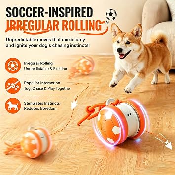 Smart Self Play Soccer Interactive Electric Automatic Moving Rolling Dog Chase Teaser Ball Toys with Rope Rechargeable Tough Durable Stimulation for Small Medium Large Dogs to Keep Busy