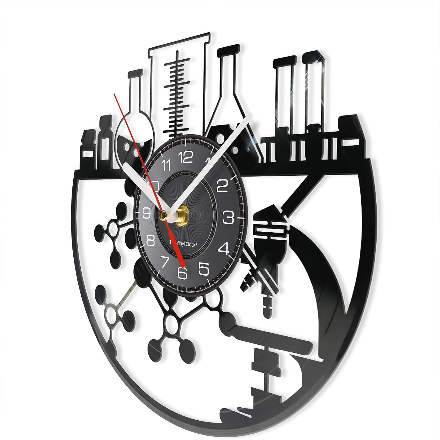 12 Inch Chemical Wall Clock, Silent Quartz Non Ticking Battery Operated Modern Decorative Chemistry Analog Black Vinyl Record Wall Clock Watch for Laboratory Science Classroom School Decor