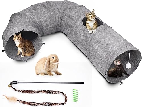Ms.Dou Túnel grande para gatos, túnel de juego J para gatos de interior, juguete grande para gatos con teaser y resorte, tubo de túnel plegable, 12