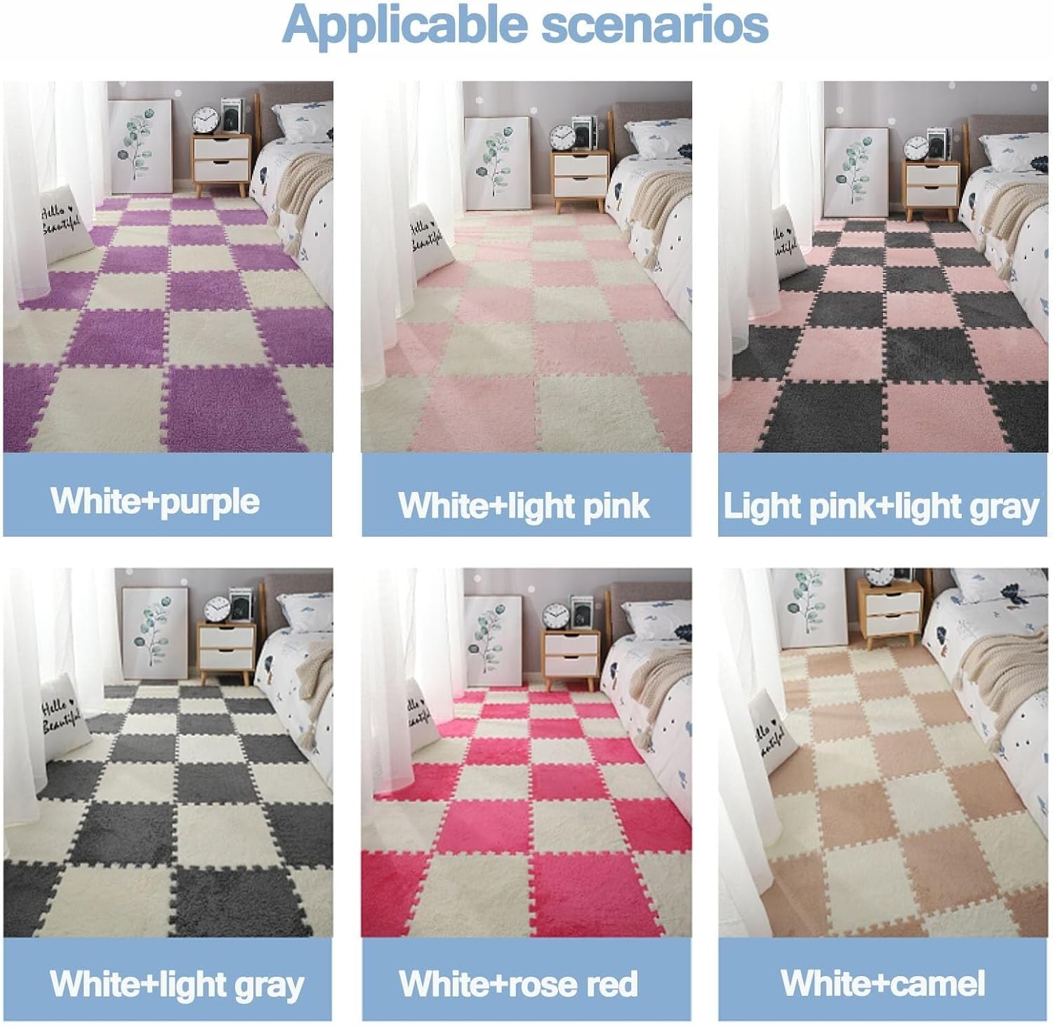 50pcs Plush Foam Interlocking Tiles Carpet, 30x30cm Fluffy Puzzle Floor Mat, Thick 0.4" Eva Floor Protective Mats for Playroom Livingroo(Blue+White)