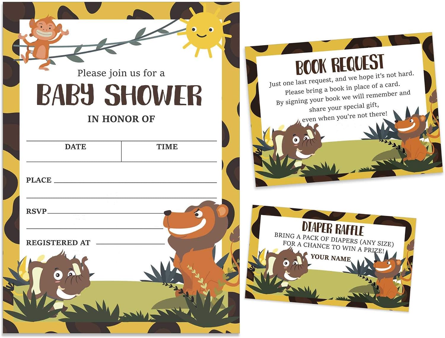 Set of 30 Jungle Animals Baby Shower Invitations-Diaper Raffle Tickets and Baby Shower Book Request Cards Gender Neutral Invites Its A Boy Its A Girl