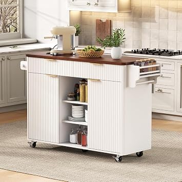 52 Inch Rolling Kitchen Island with Drop Leaf Fluted Design Built in Charging Station Walnut Countertop Gold Handles 2 Lockable Wheels White