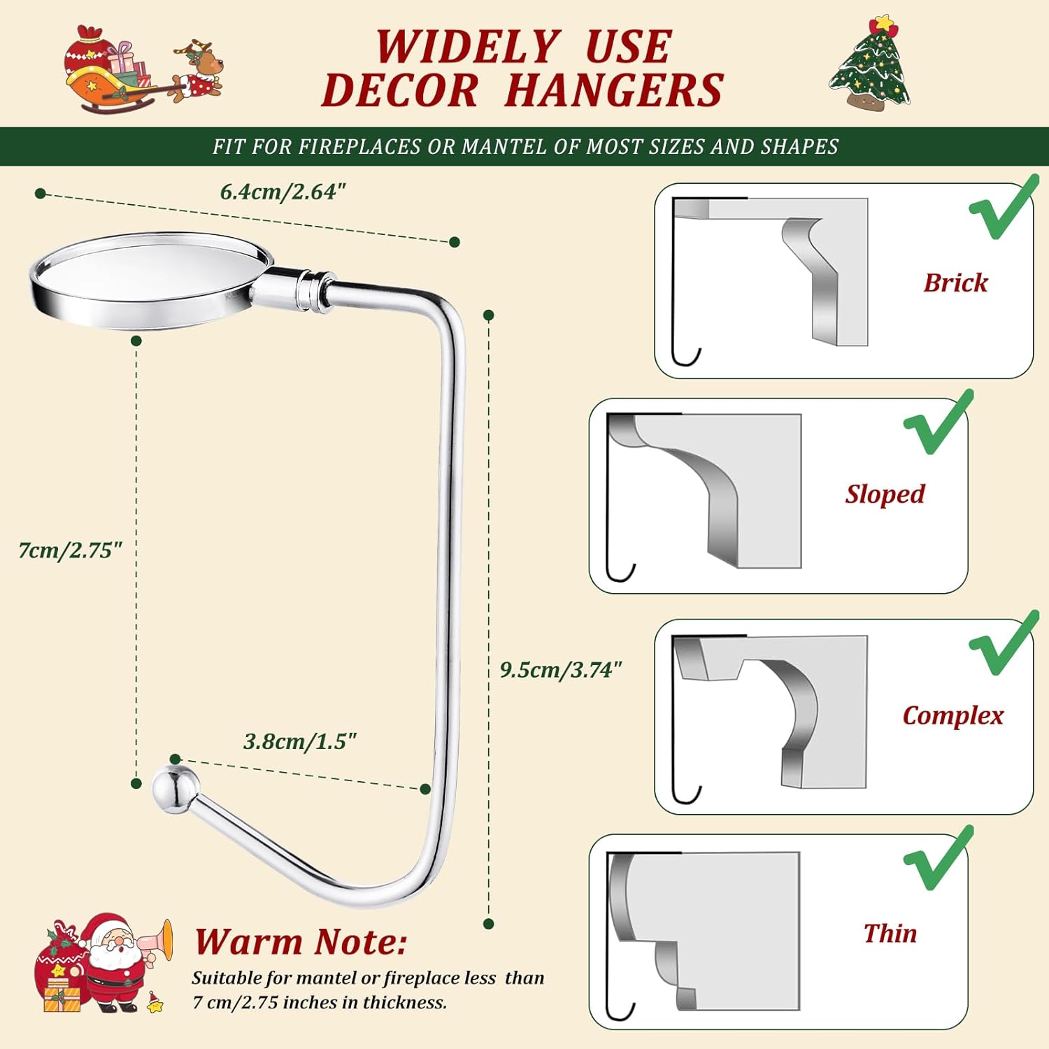 Christmas Stocking Holders for Mantle, Non-Slip Safety Fireplace Mantel Stocking Hooks with Separate Adhesive Strips, Silicone Pad Grip Hanger for Xmas Party Decoration (Silver,6)