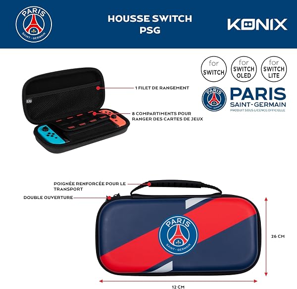 Konix PSG Housse de Protection et Transport pour Consoles Nintendo Switch, Switch Lite et Switch OLED - Rangement 8 Jeux - Bleu Marine et Rouge - 4