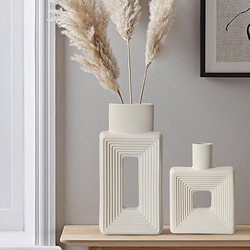 White Ceramic Vase Set of 2,Square Vase Rustic Home Decor