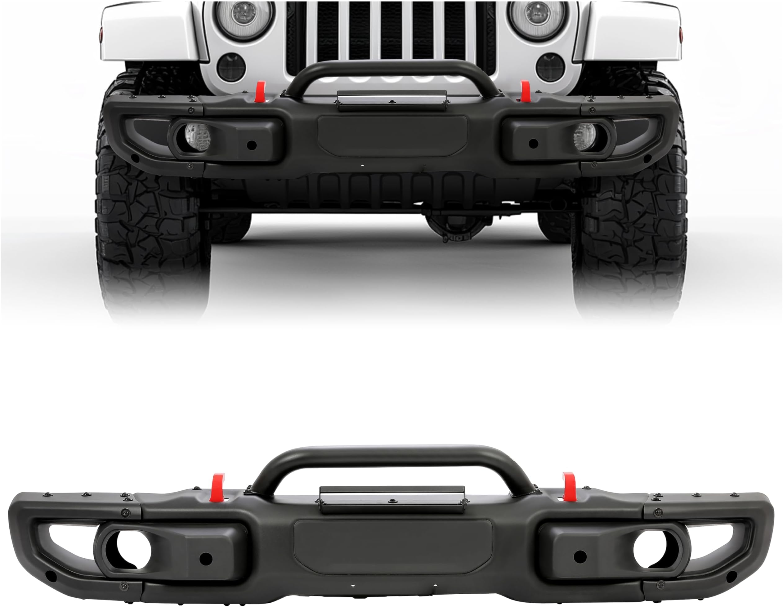 KUAFU Front Bumper Compatible with 2007-2018 Jeep Wrangler JK Rubicon W/Sensor Hole 10th Anniversary Style 2DR 4DR Steel Black Powder Coated 3Pcs