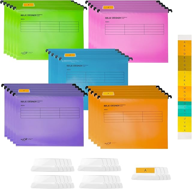 WeeGoo 25Pcs Suspension Files, A4 Suspension Files with Tabs and Card Inserts, A4 Hanging Filing Folders for School & Office Work File Organization (Mixed Color)