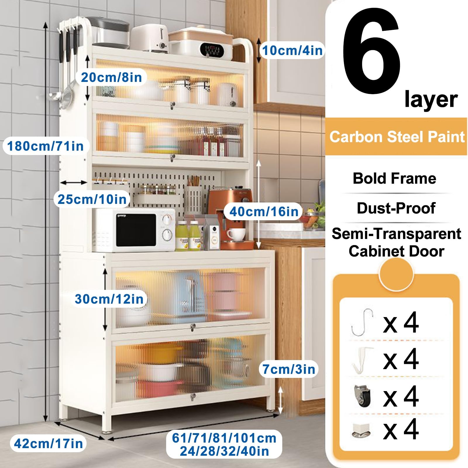 Scaffale da cucina a 6 ripiani con supporto per microonde e armadio antipolvere, versatile salvaspazio, per sala da pranzo e soggiorno, elegante finitura bianca