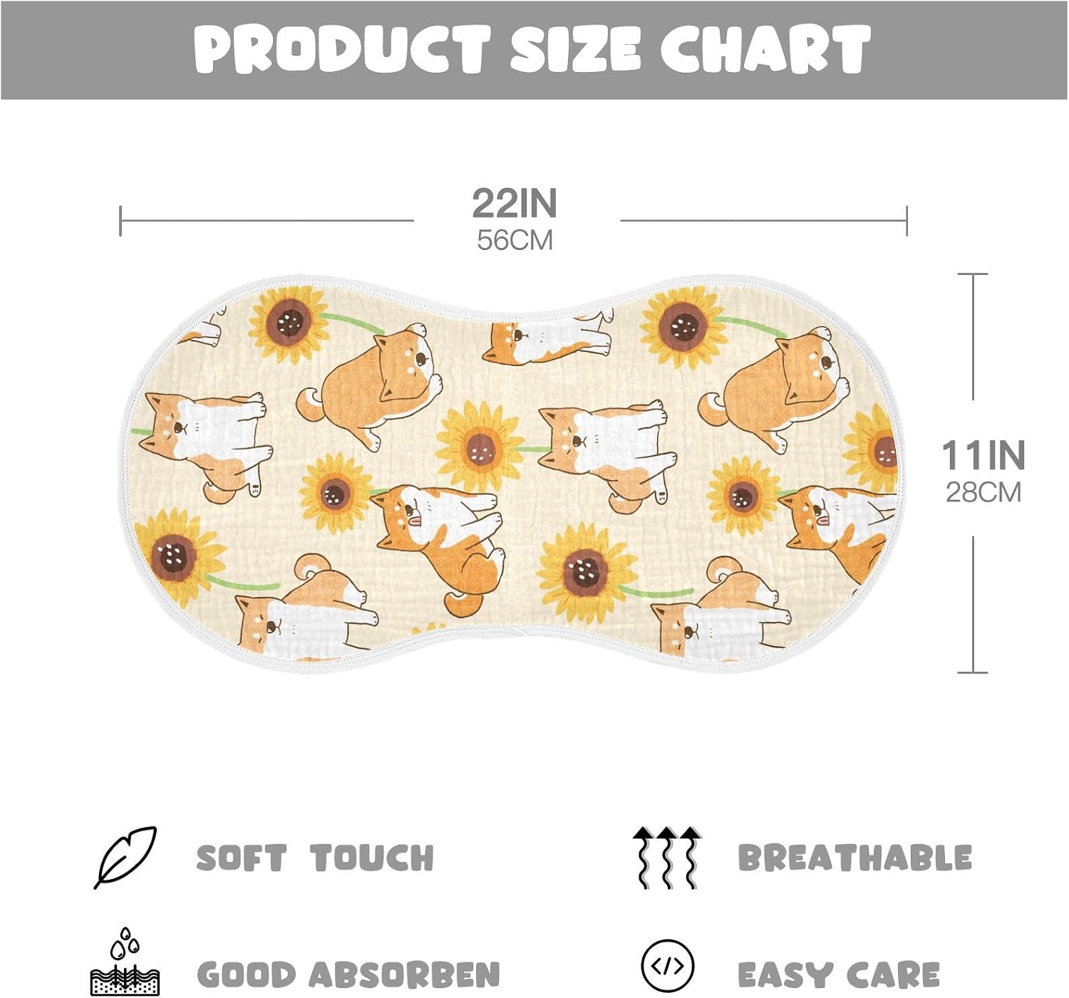 Muslin Burp Cloths for Baby Boys and Girls - 4-Pack Ultra Absorbent Shiba Inu Sunflower Muslin Washcloths, Newborn Towel, Milk Spit Up Rags, Burp Cloth Bib for Unisex, 22 x 11 Inch