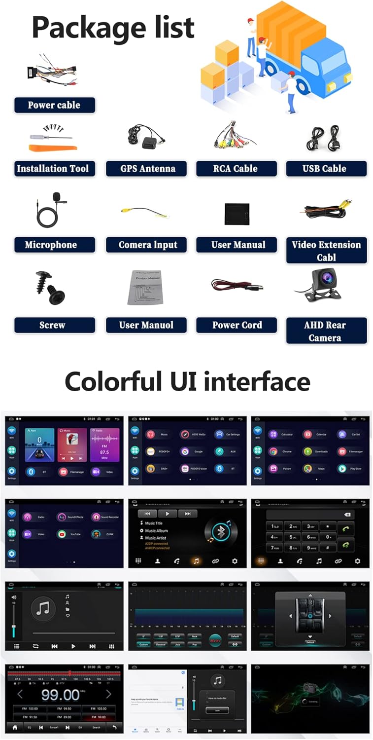 Image showing the list of items included in the package: Power cable, Installation Tool, GPS Antenna, RCA Cable, USB Cable, Microphone, Camera Input, User Manual, Video Extension Cable, Screw, Power Cord, AHD Rear Camera.