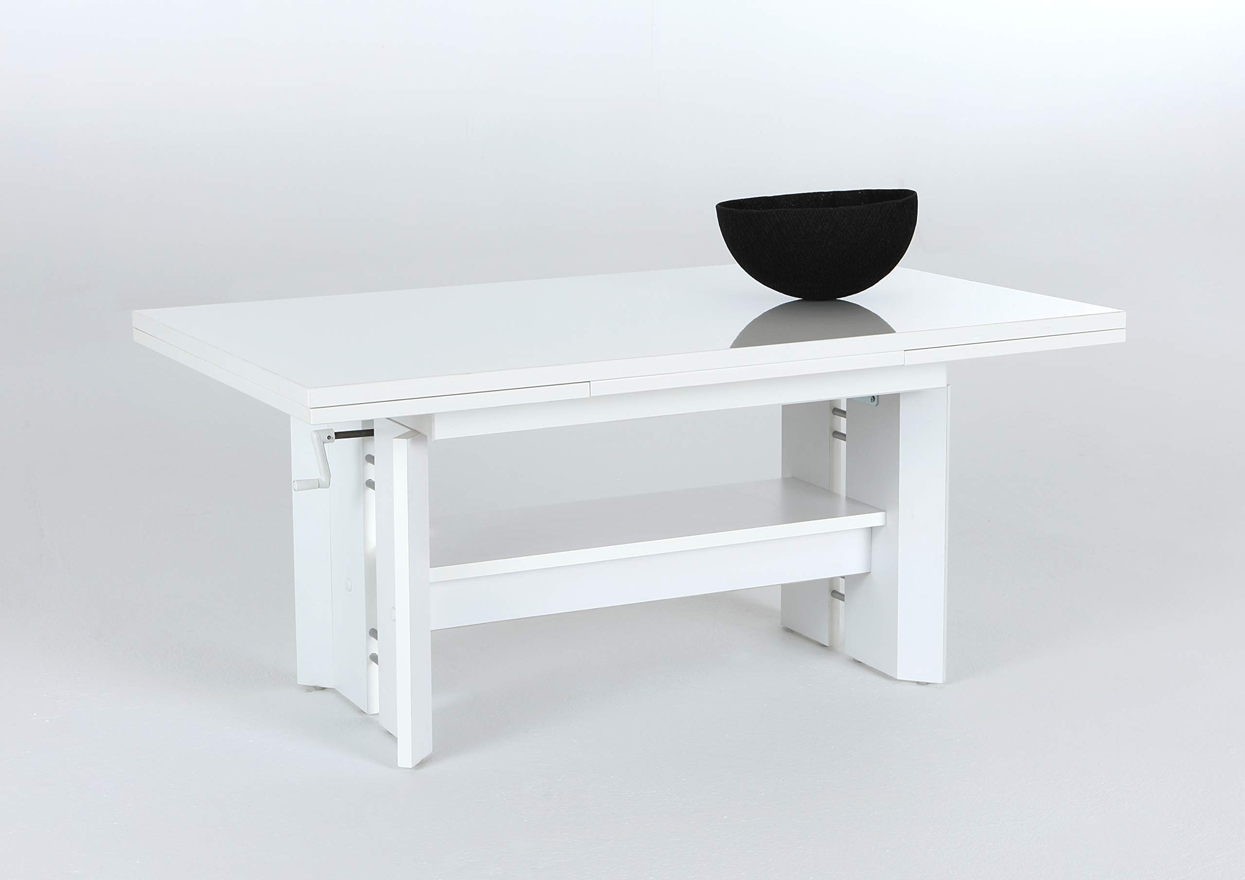 Hela Tische, Funktionscouchtisch Dario, Lackiert Hochglanz Weiß, ausziehbar 110-180cm, höchenverstellbar 50-60 cm, Ablageboden, Handkurbel