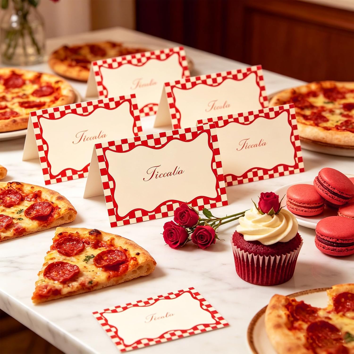 JarThenaAMCS 100Pcs Plaid Place Cards Red Beige Checkered Tent Name Cards Gingham Seating Card for Table Setting Baby Shower Birthday Wedding Supplies, 2 x 3.5 Inch