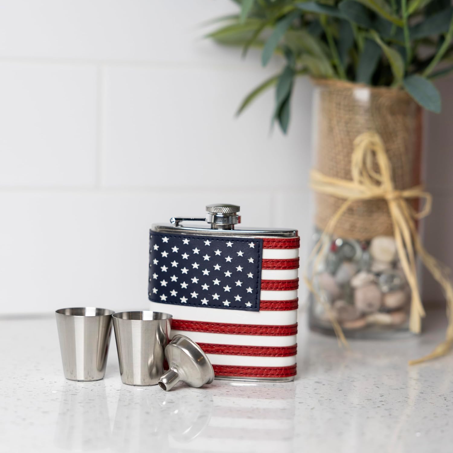 Outset American Flag Flask and Funnel Set, 6 oz Stainless Steel Flask with Faux Leather Patriotic Flag