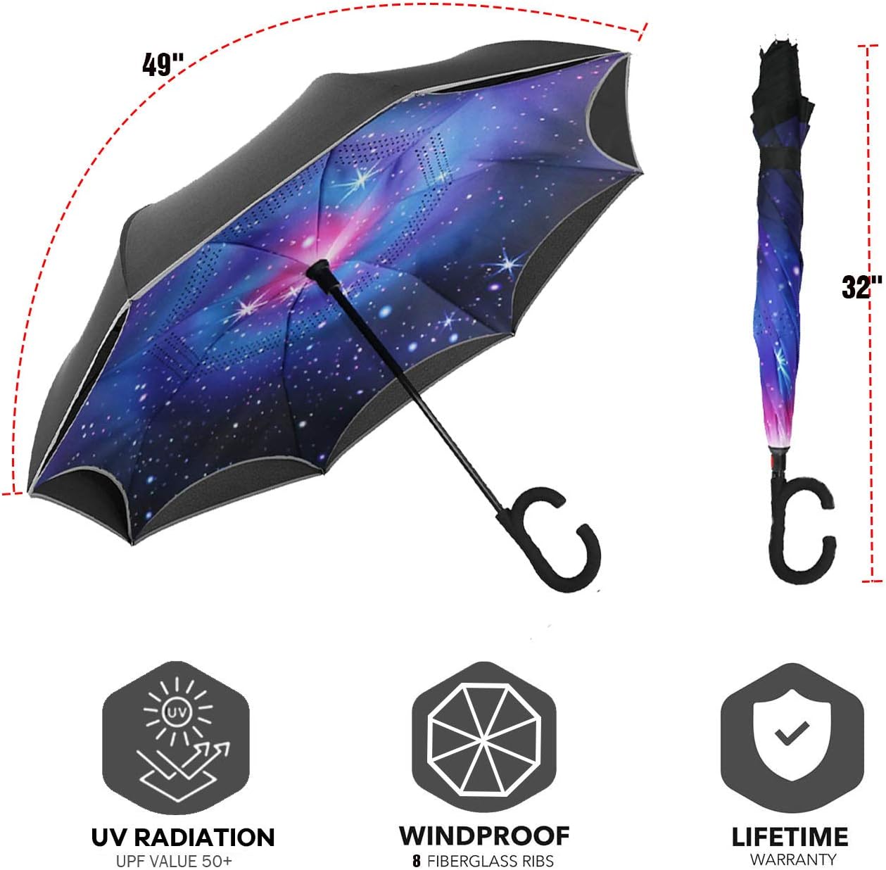 SIEPASA Auto-open Reverse Umbrella, Umbrella Windproof, Inverted Umbrella, Umbrellas for Women with UV Protection, Upside Down Umbrella with Safe Reflective Stripe(the Galaxy)