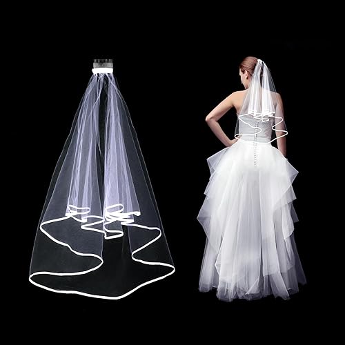 Miniatura 8 de Velo de novia corto de boda con peine, 2 niveles de tul velo de novia longitud codo velo de boda borde de cinta 60-80cm23-31in, Blanco