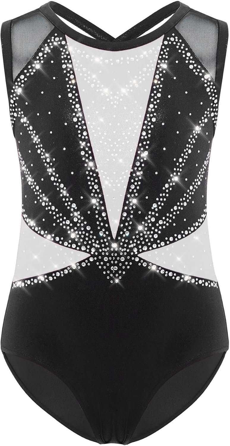 ACSUSS Gymnastics Leotard for Girls Sleeveless Shiny Ballet Dance Dance Unitard Biketard with Shorts Hair Scruchies White 15-16 Years