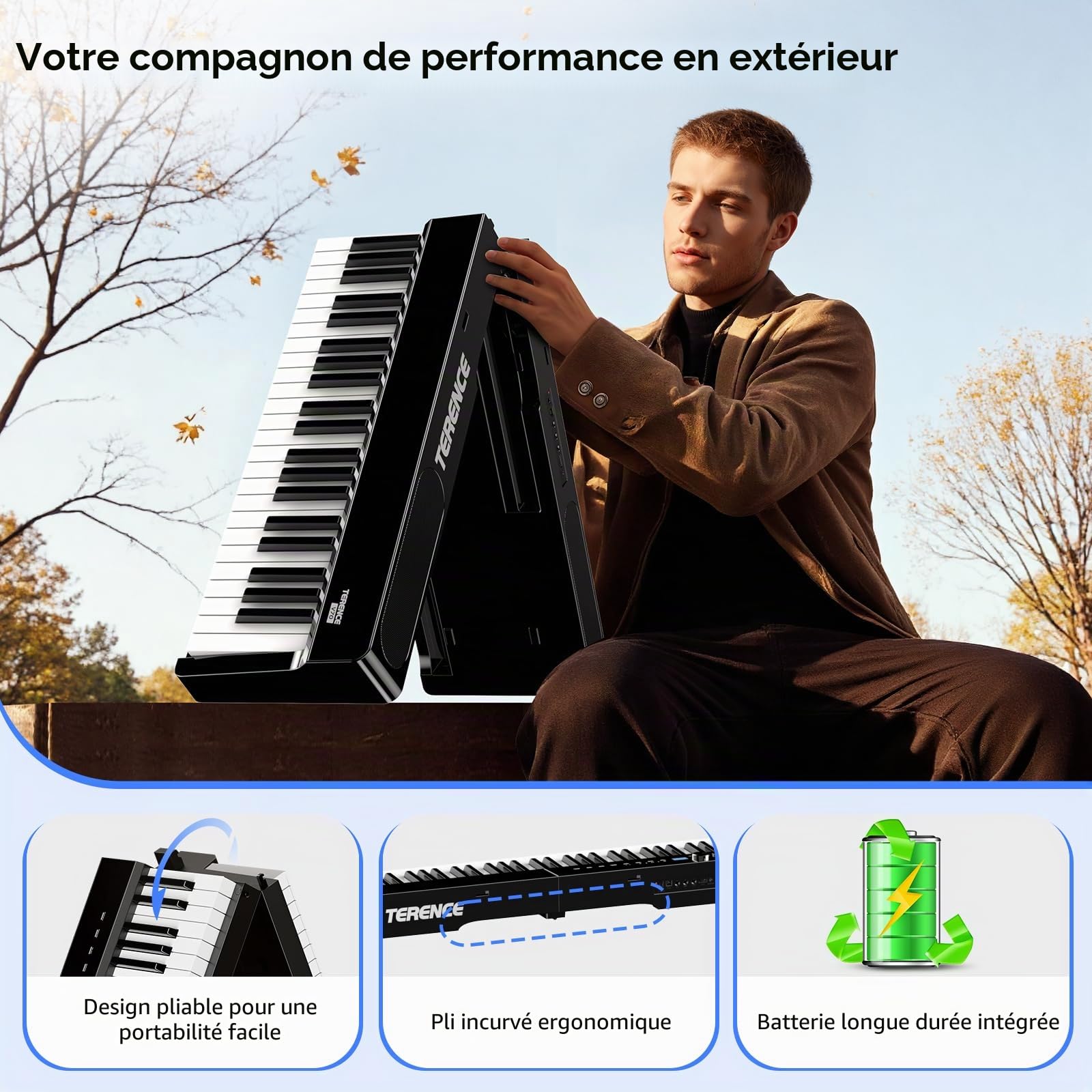 TERENCE V70 Piano numérique pliable 88 touches lourdes Piano électrique avec 4 haut-parleurs 20W*2+5W*2 Clavier piano avec Bluetooth Casque inclus –préparation aux examens de piano,noir