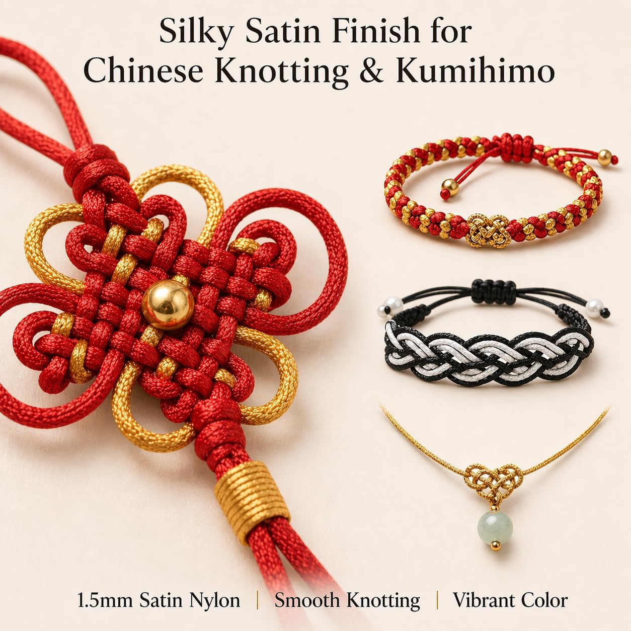 4 Pack Nylon String 1.5mm for Bracelets, 55 Yards Each Satin Nylon Cord for Jewelry Making Necklace, Wind Chime Cord Replacement, Chinese Knotting Cord, Macrame Rattail Cord (Black White Red Gold)