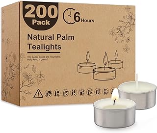 Unscented Palm Tea Lights Candles 200 Pack Bulk, 6 to 7 Hours Long Burning White Tea Lights,Non-Paraffin, Smokeless, Mini Tealight Candles for Wedding, Christmas Lights, Party, Power Outages