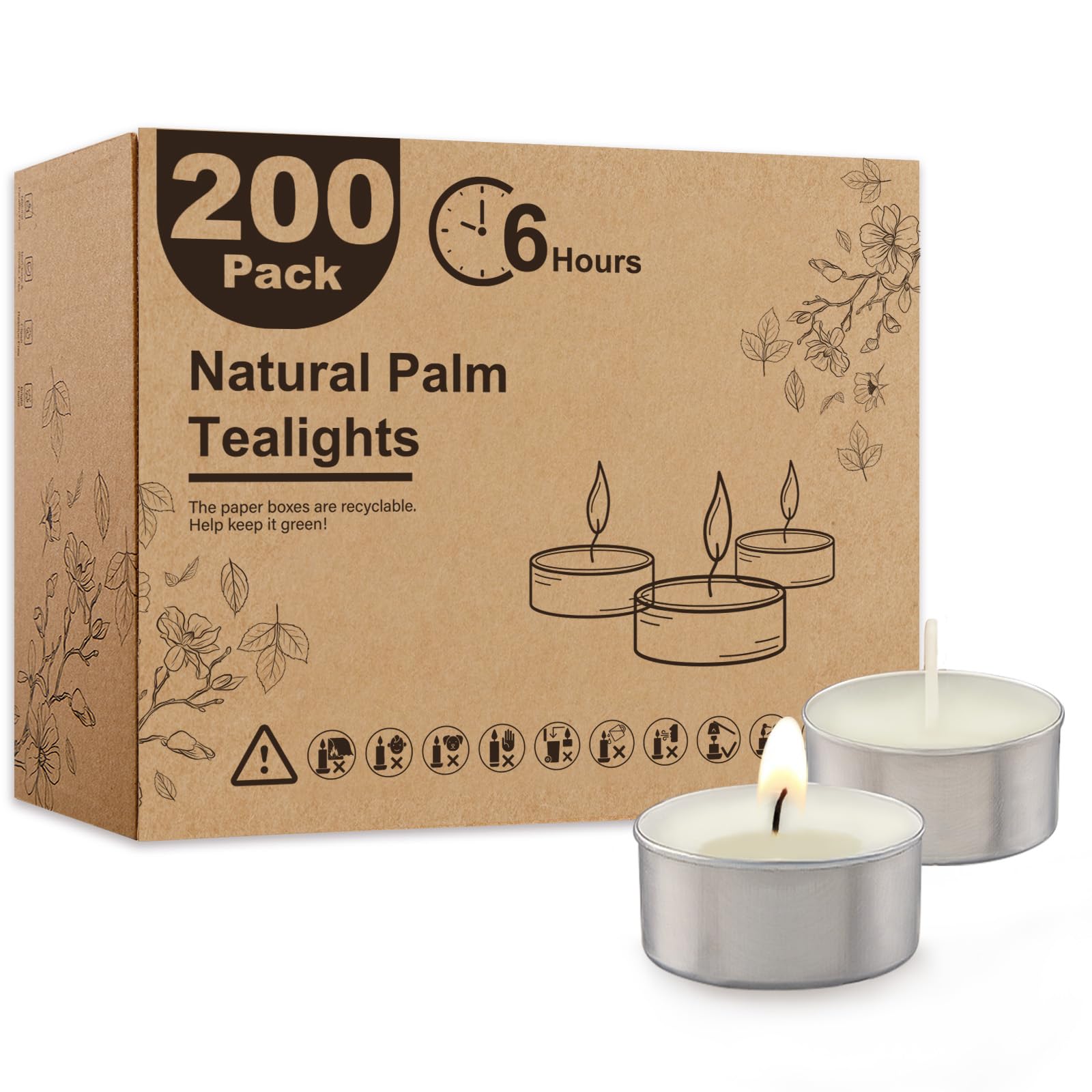 Unscented Palm Tea Lights Candles 200 Pack Bulk, 6 to 7 Hours Long Burning White Tea Lights,Non-Paraffin, Smokeless, Mini Tealight Candles for Wedding, Christmas Lights, Party, Power Outages