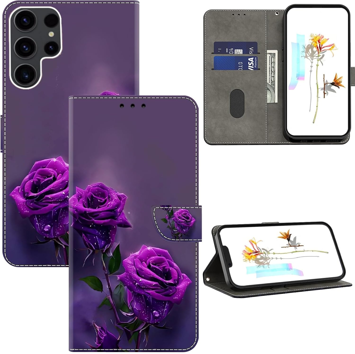 ALILANG for Samsung Galaxy S24 Ultra Wallet Case with Credit Card Holder, Flip Book PU Leather Protective Magnetic Cover for Samsung S24 Ultra Phone Case -Purple Roses