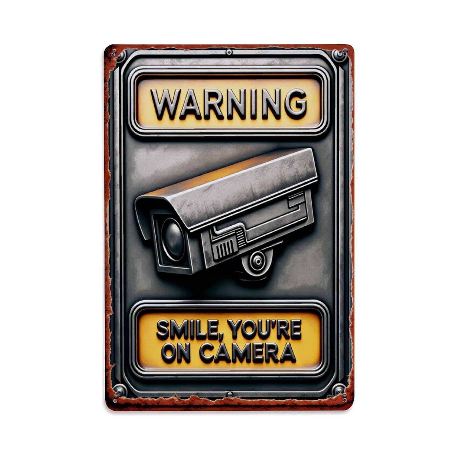 Jdfenggu Vintage Warning Camera Smile On Camera Retro Metal Tin Sign, Decor Art Poster For Bar, Home, Man Cave, Kitchen, Laundry Room Gift 8X12inch