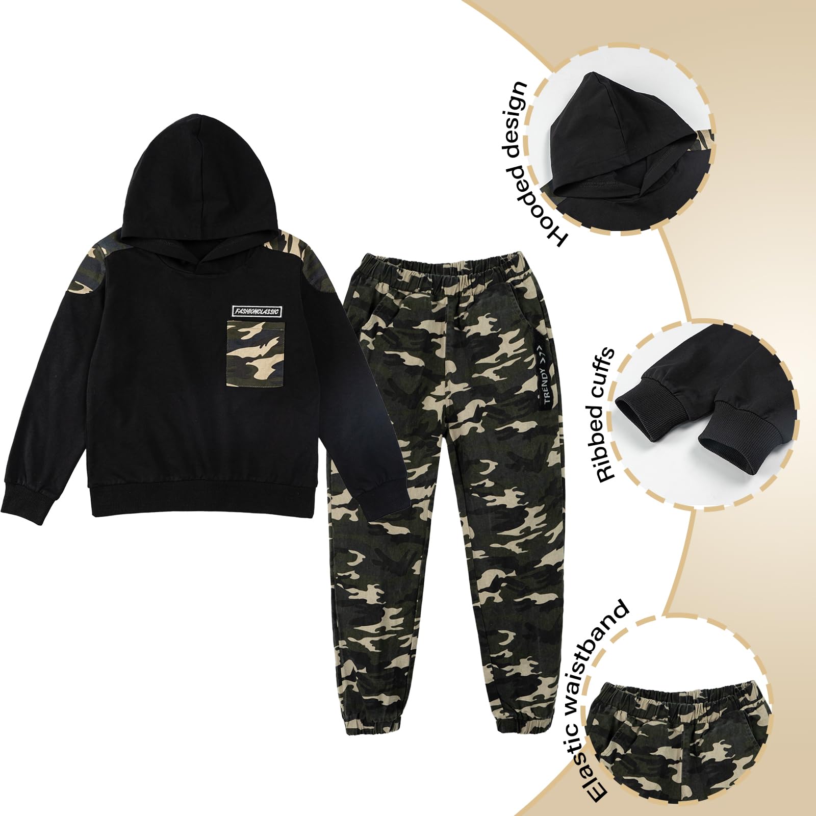 LOLANTA 2PCS Enfants Survêtement Ensemble Sweatshirt à Capuche et Pantalon de Cargo Camouflage pour Garçons 6-13 Ans