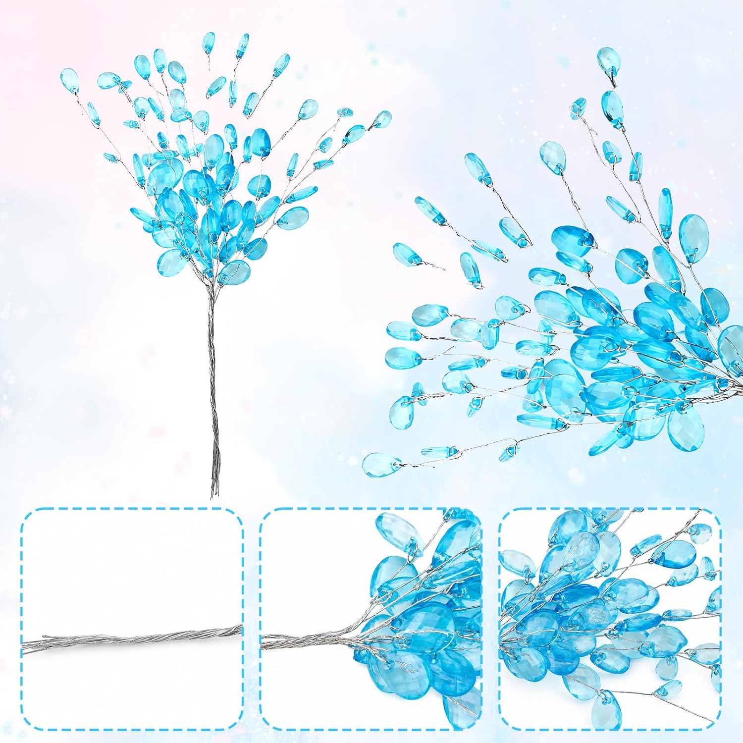 32PCS Acrylic Crystal Flower Branches – Transparent Color Artificial Bead Drop Bouquets, Glitter Floral Acrylic Picks Arrangement for Wedding, Thanksgiving & Home/Office Table Top Decoration