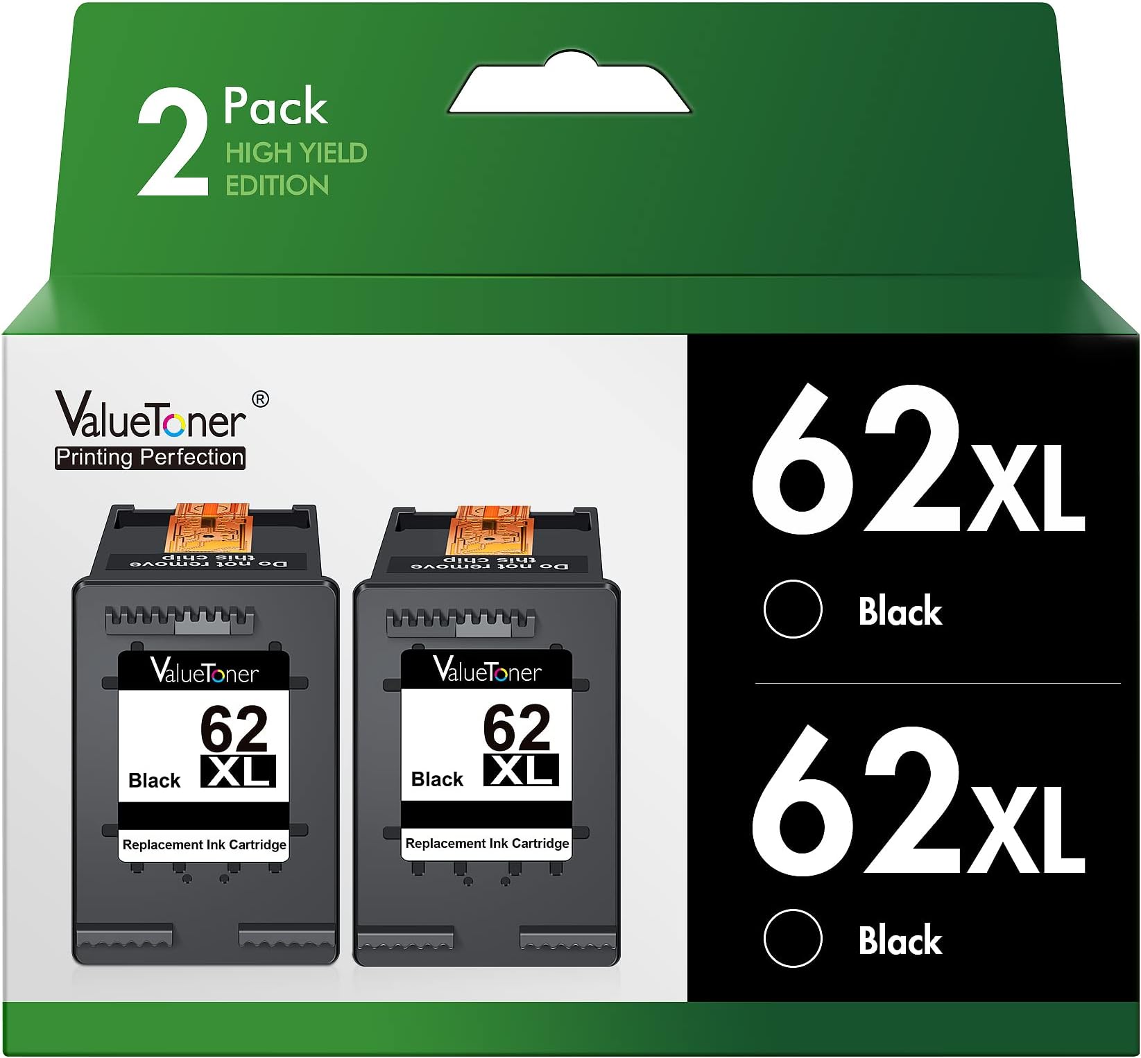 Valuetoner 62XL Ink Cartridges Black Remanufactured for HP Ink 62 for HP 62XL Black Ink Cartridges Work with Envy 7640 7645 5660 5540 5640 7644 OfficeJet 5740 5741 8040 OfficeJet 200 250 258 (2-Black)