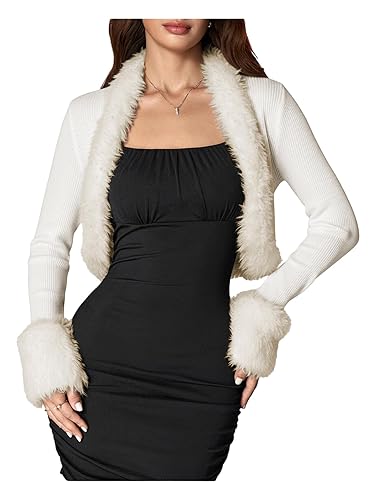Women's Faux Fur Open Front Coat Valentines Fuzzy Long Sleeve