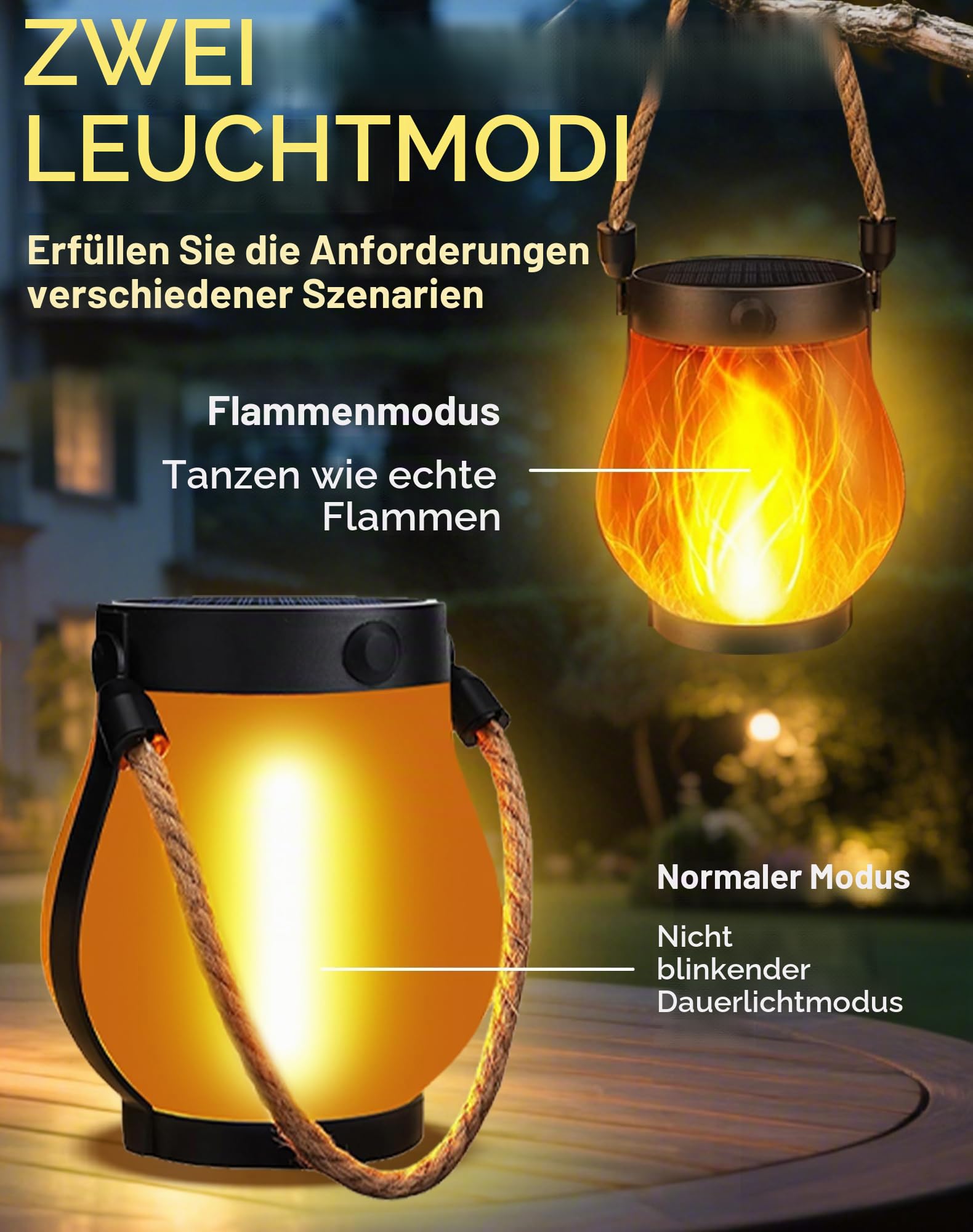 Solar Laterne mit Tanzende Flammen, 4 Stück Solar Lampe Outdoor Hängend, Campinglampe Solar Garten für Außenbereich,Terrasse, Veranda, Balkon