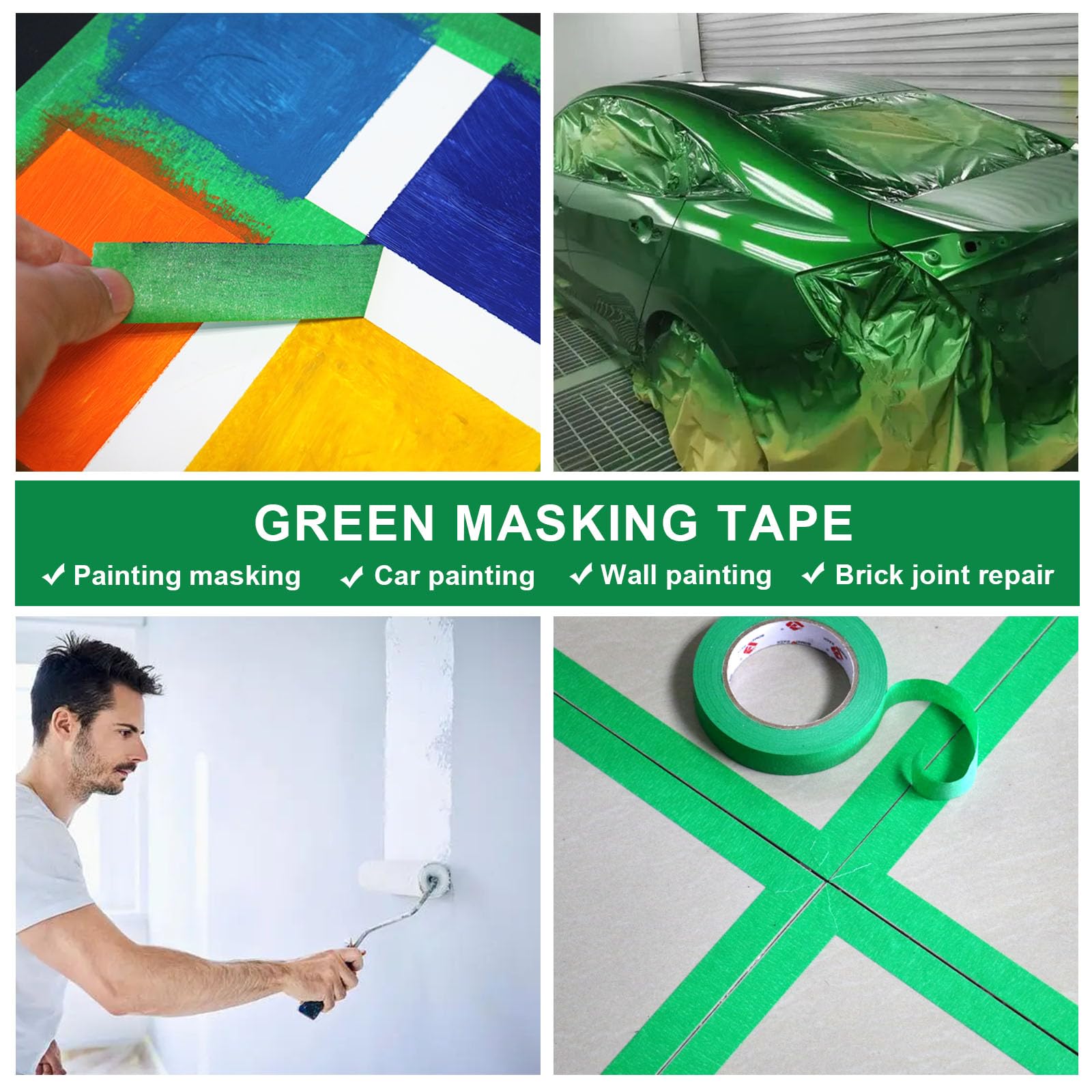 BOMEI PACK Nastro per pittori da 2,5 cm, 10 rotoli da 2,5 cm x 50,5 m, nastro per mascheratura verde, per pareti, lavori fai da te e progetti scolastici, totale 500 m