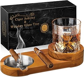 Monsiter Cigar Ashtrays, Whiskey Glass Tray and Cigar Holder for Indoor Outdoor, Wooden Ash