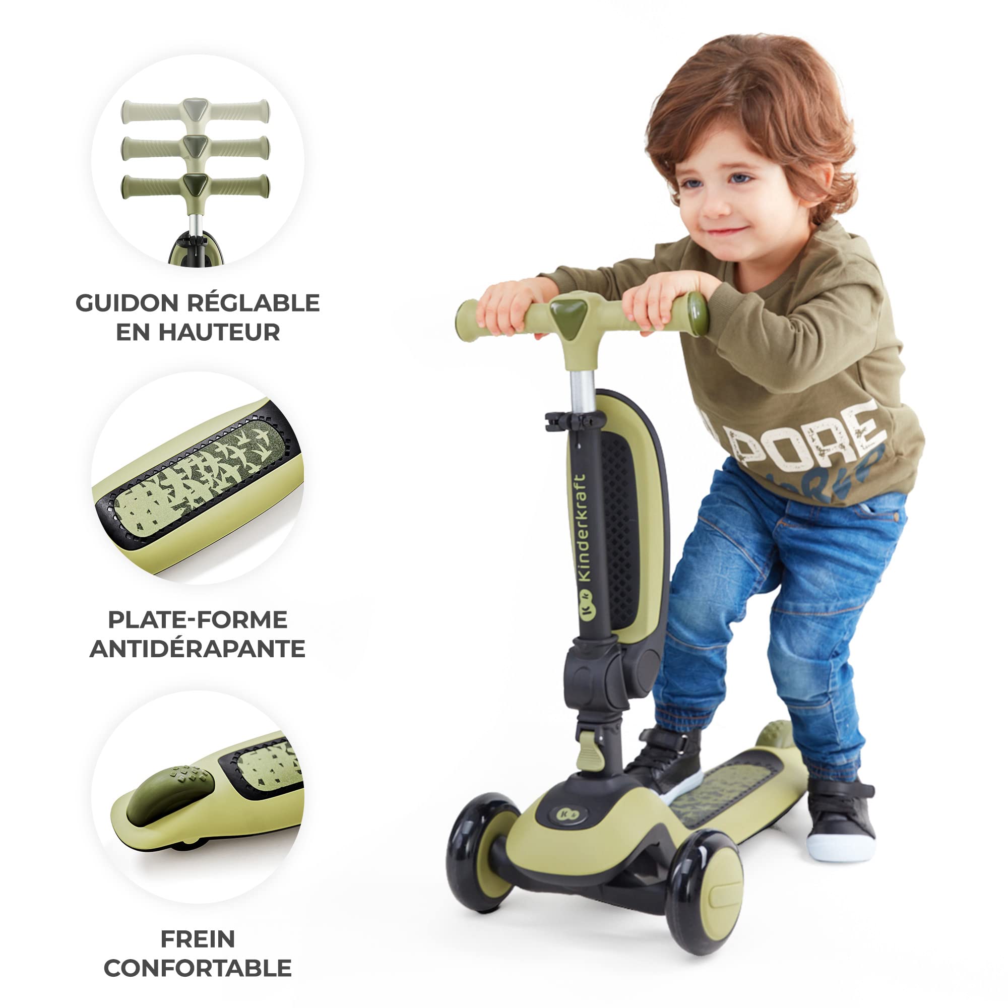 Kinderkraft Halley, Trottinette, Draisienne, Patinette, Scooter, Multifonctionnel, Moderne, Trois Roues, Réglable, LED Roues, Frein, 2 Ans jusqu'à 50 kg, Vert